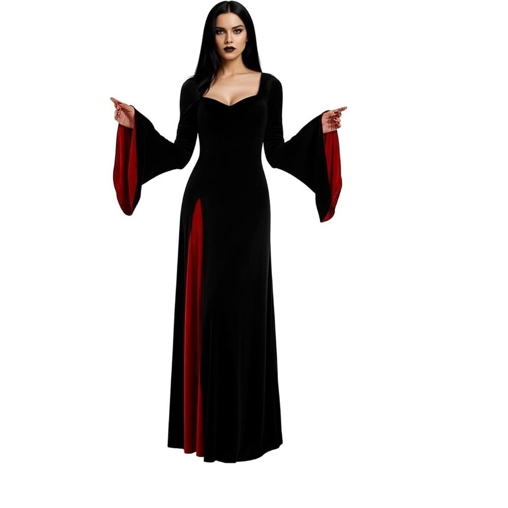 Women, Black Gothic Maxi Dress, Long Sleeve Vampire dress Velvet Bell-Sleeve